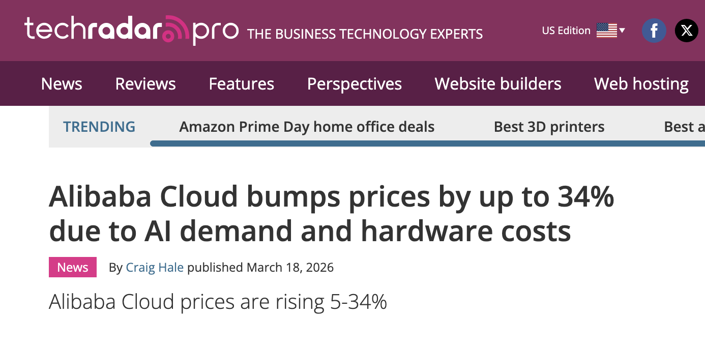 TechRadar article about Alibaba Cloud prices rising
