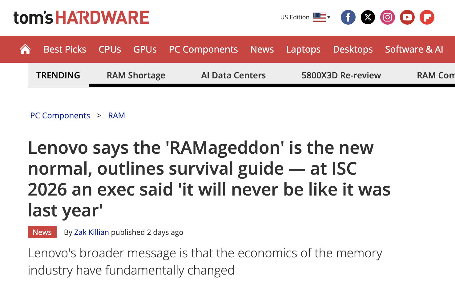 Tom's Hardware article about RAM prices