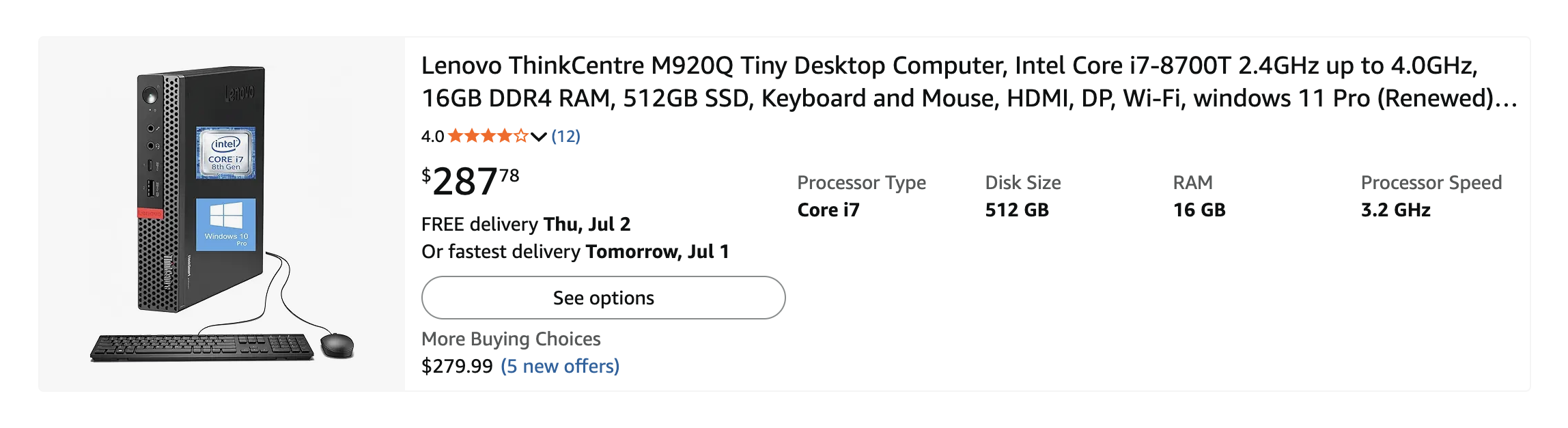 Amazon listing for a renewed Lenovo ThinkCentre M920q