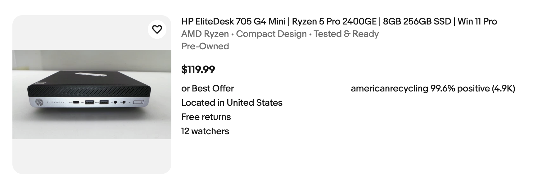 Marketplace listing for an HP EliteDesk 705 G4 Mini