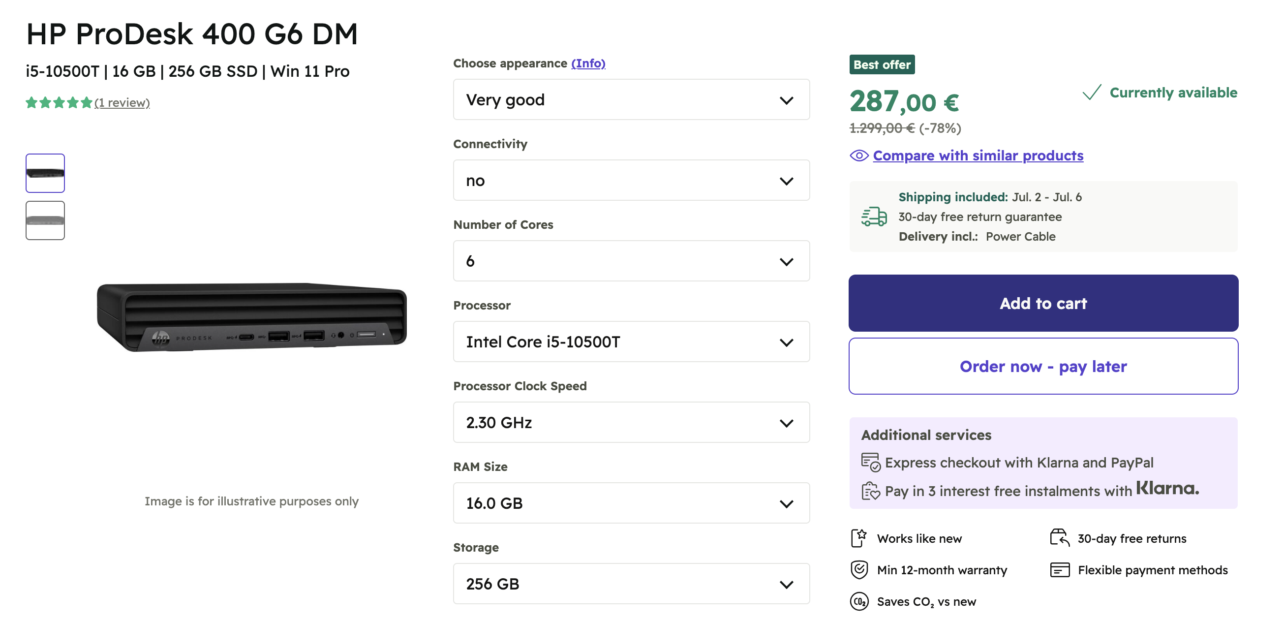 Marketplace listing for an HP ProDesk 400 G6 Mini