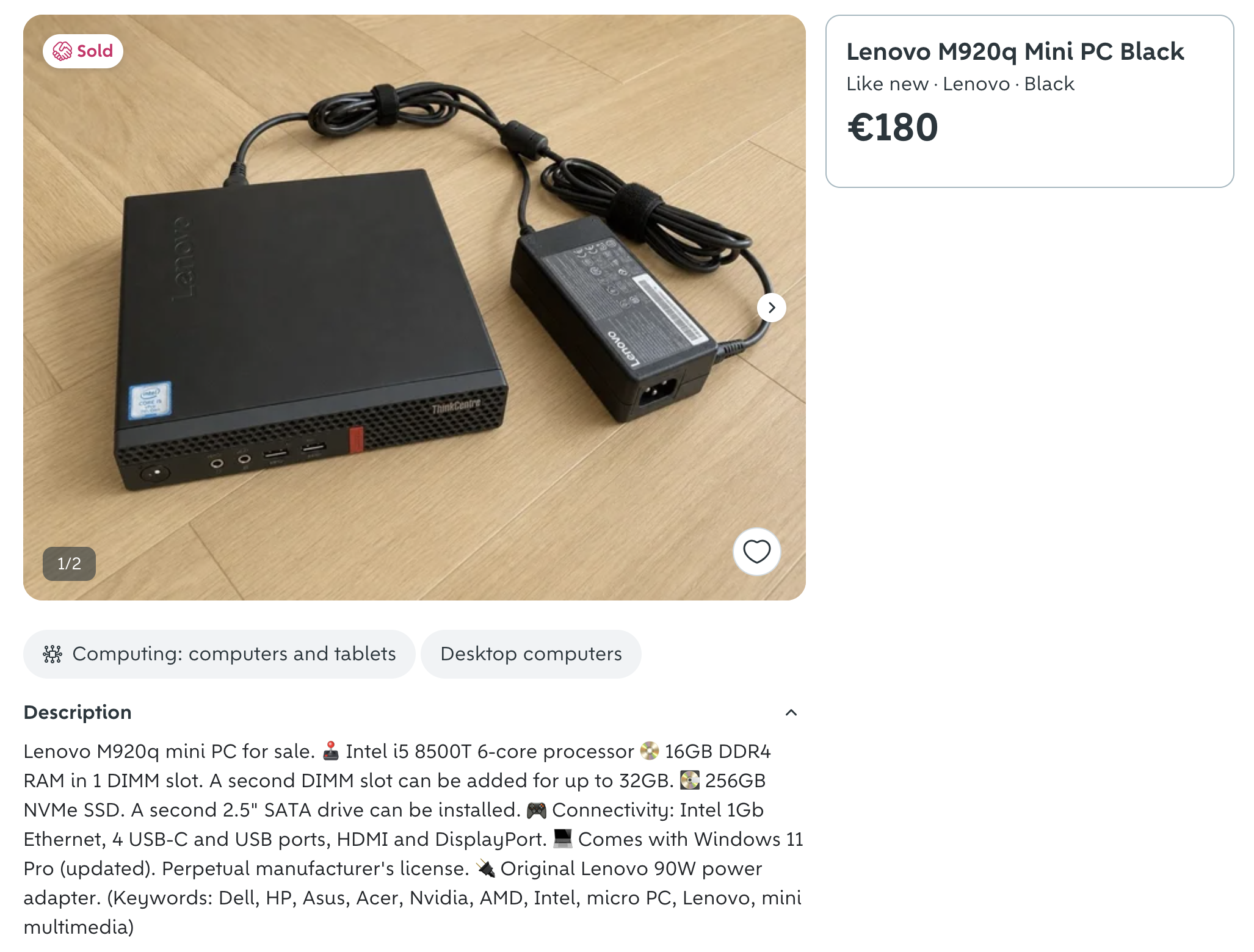 Lenovo M920q Mini PC listing for 180 euros
